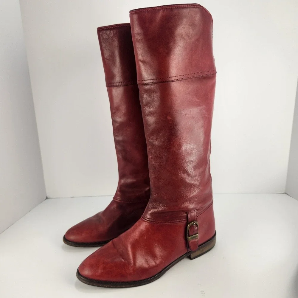 Joan & David Vintage Italy 37.5 Red Leather Knee High Riding Boots‎ Women's 6.5